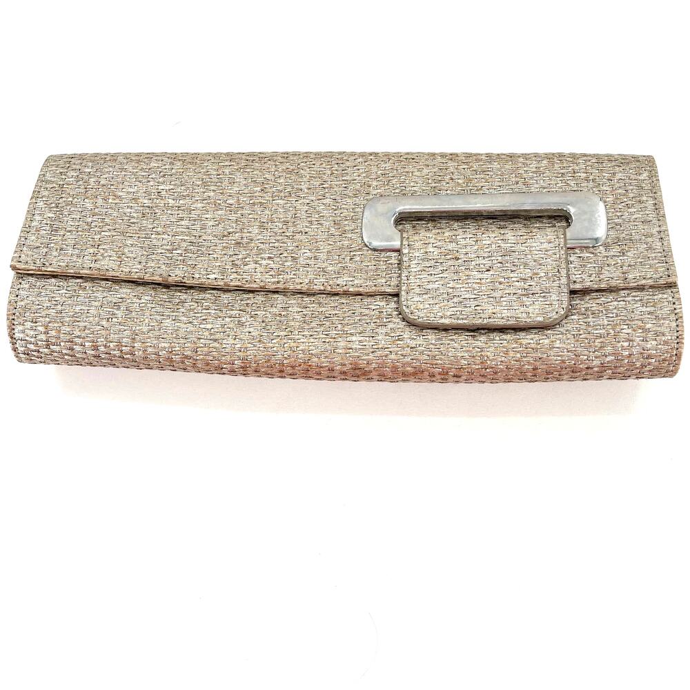 Big Buddha Tan Faux Wicker Silver Trim Casual Dress Neutral Rectangular Clutch